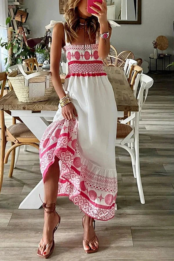 Women's Smocked Maxi Dress — Square Neck Tiered Cotton Summer Dress