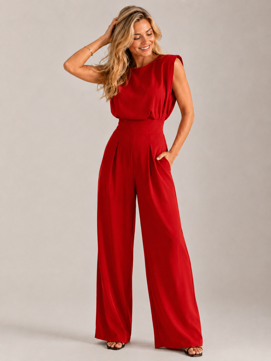 Women's mint green sleeveless wide-leg jumpsuit with crew neck