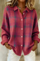 Women's plaid knit cardigan with collar, buttons and long sleeves