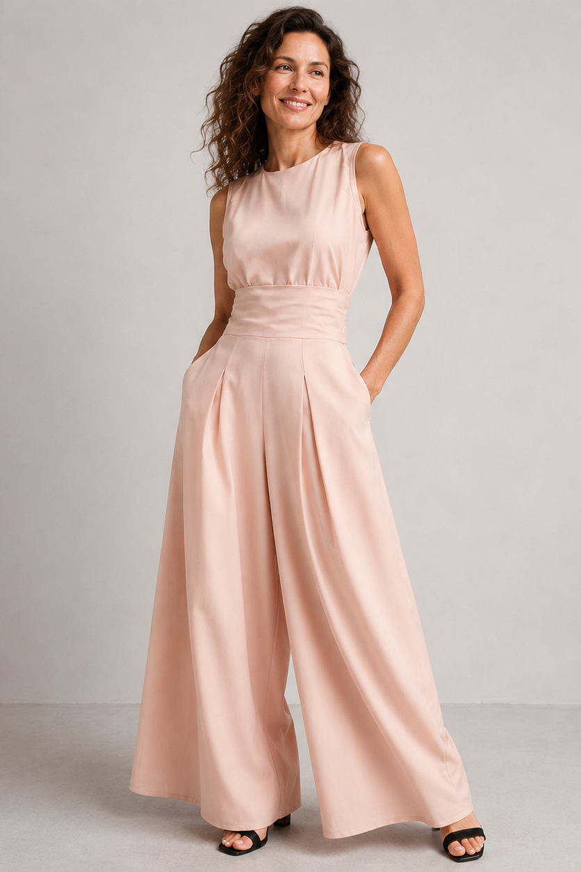 Women's sleeveless turtleneck jumpsuit in olive green and cream, wide-leg tailored trousers, high waist.