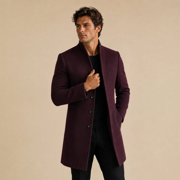 Men's long stand collar button-front overcoat