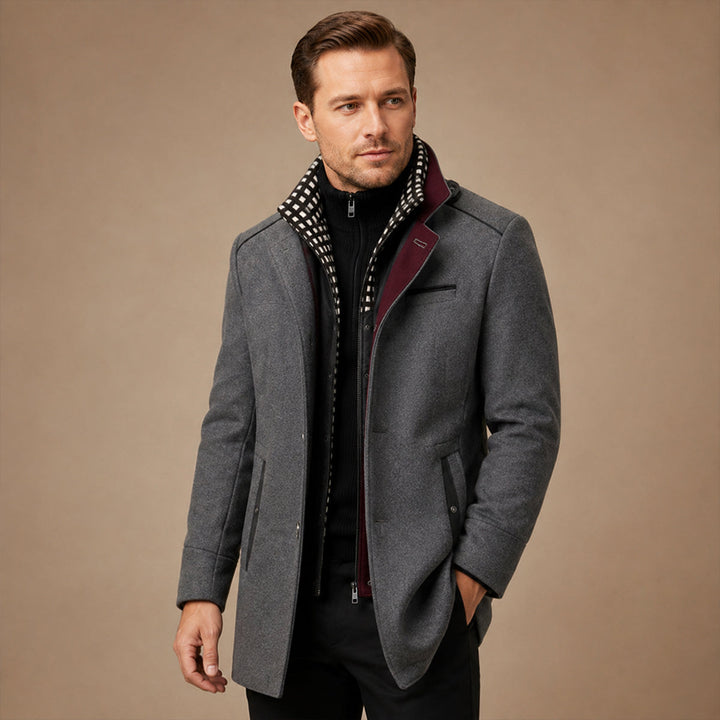 Men's structured stand collar trench coat with button front and long sleeves