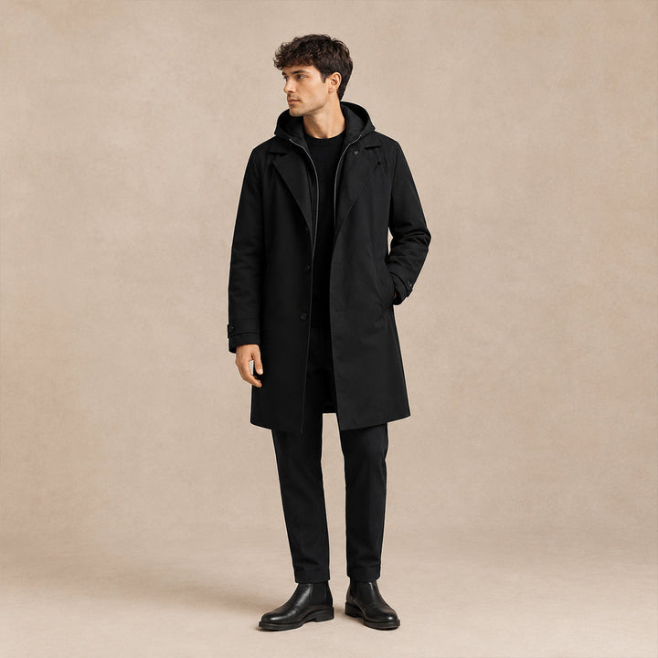 Men's long hooded parka coat with button front and side pockets