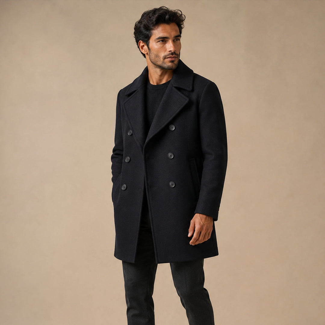 Men's black double-breasted peacoat with notched lapel and long sleeves