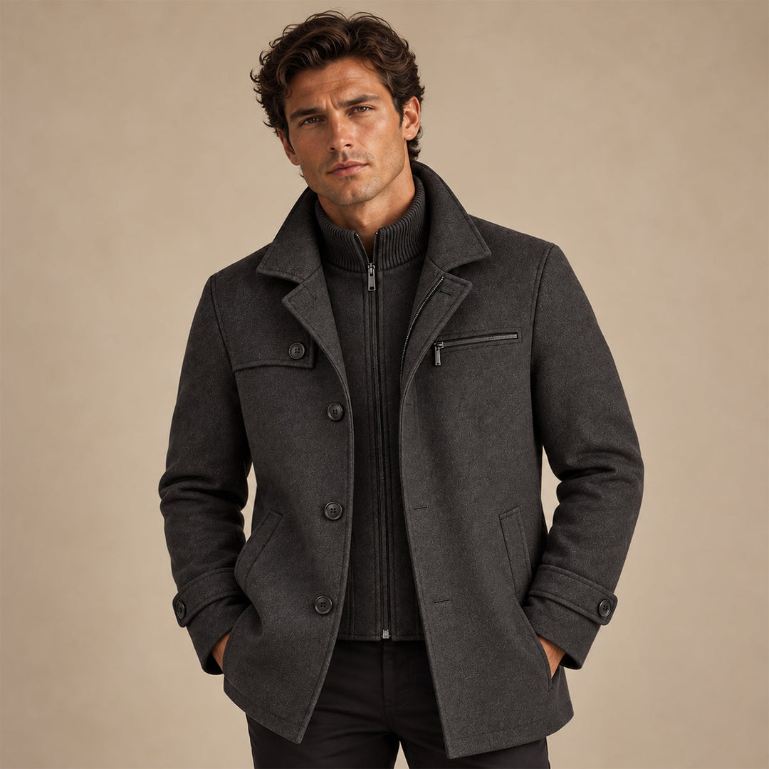 Men's structured winter coat with lapel collar, button front and adjustable cuffs