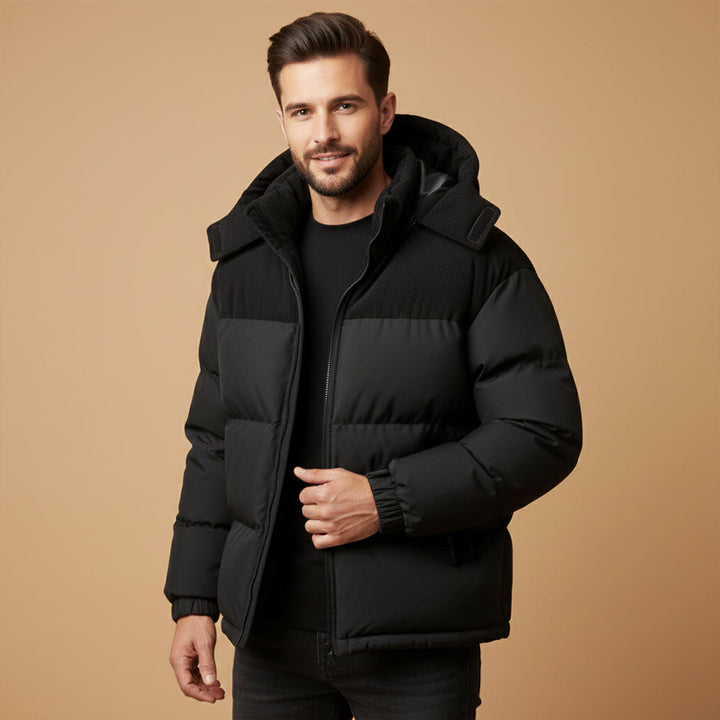 Men's hooded quilted puffer jacket with long sleeves and front zipper