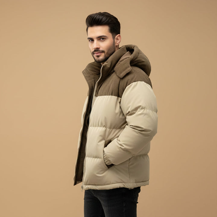Men's hooded quilted puffer jacket with long sleeves and front zipper