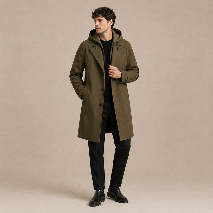 Men's long hooded parka coat with button front and side pockets
