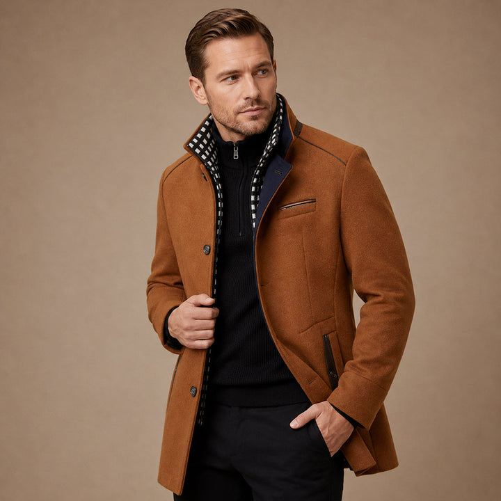 Men's structured stand collar trench coat with button front and long sleeves