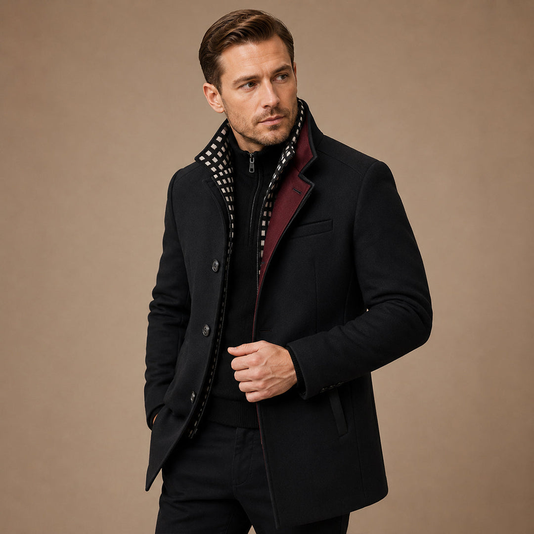 Men's structured stand collar trench coat with button front and long sleeves