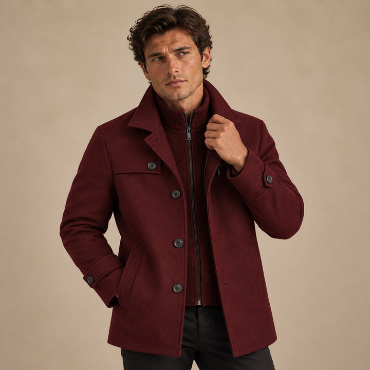Men's structured winter coat with lapel collar, button front and adjustable cuffs