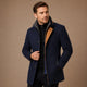 Men's structured stand collar trench coat with button front and long sleeves