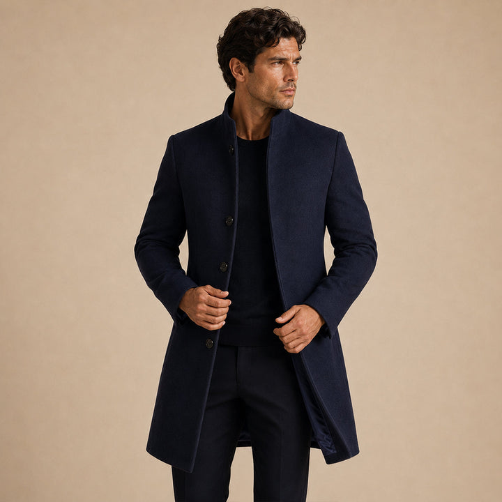 Men's long stand collar button-front overcoat