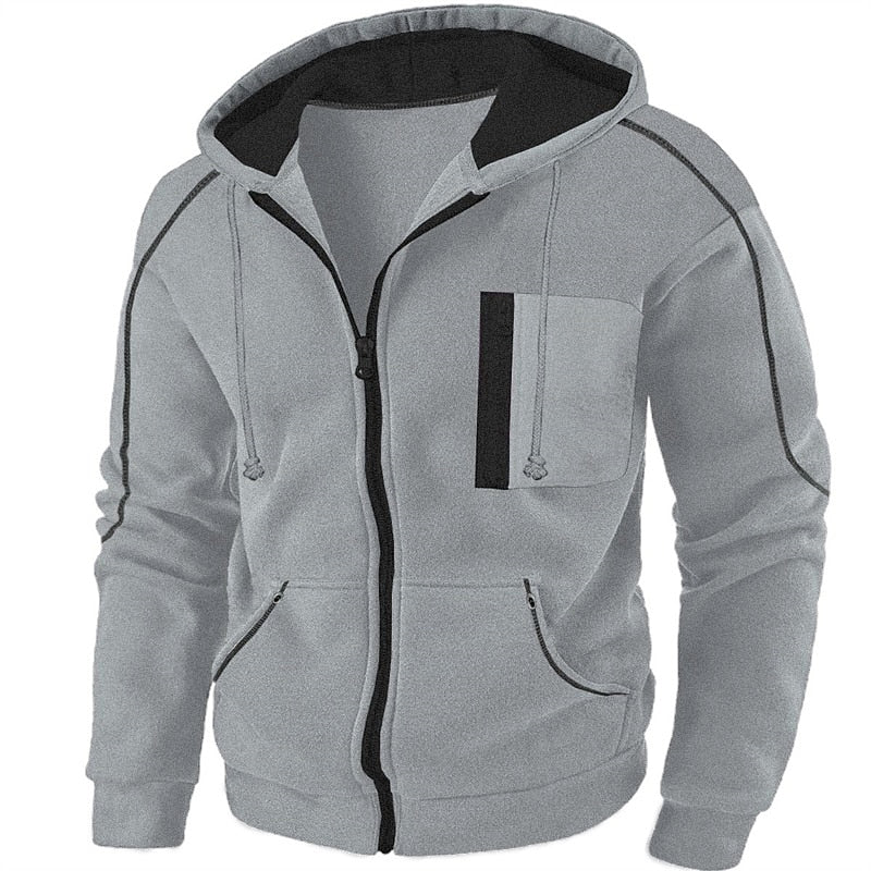 Men's hooded full-zip jacket with contrast trim, zipped pockets and long sleeves