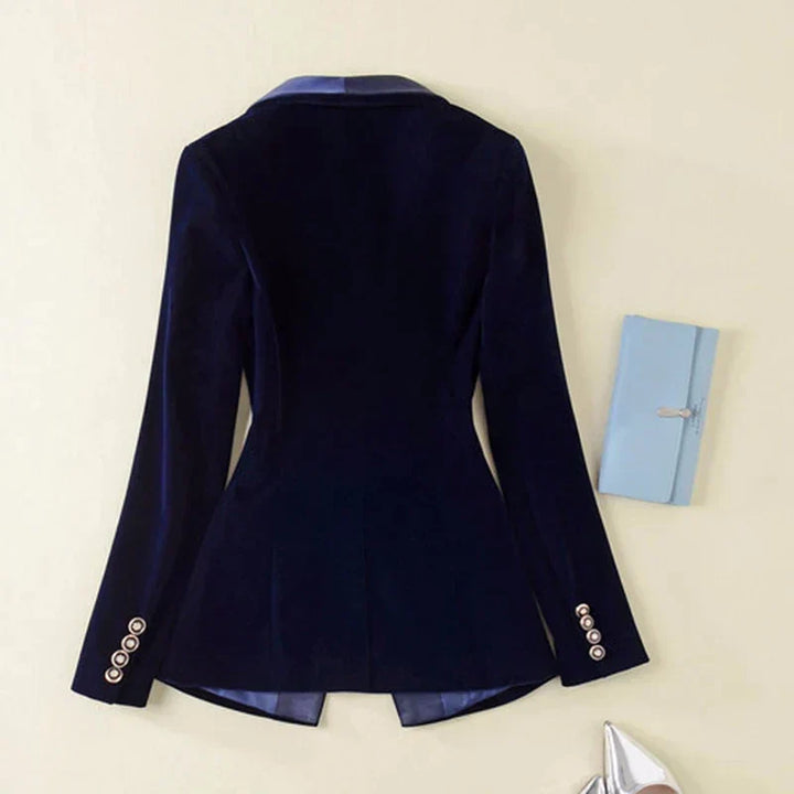 Women's dark textured blazer with glossy lapels, two buttons, flap pockets and long sleeves