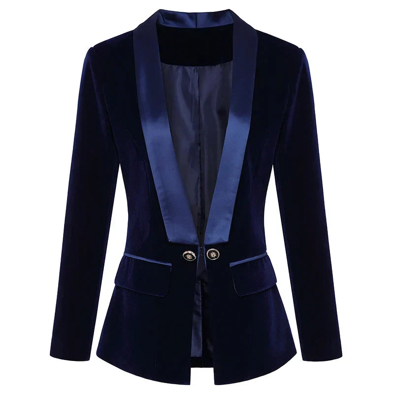 Women's dark textured blazer with glossy lapels, two buttons, flap pockets and long sleeves