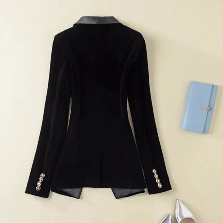 Women's dark textured blazer with glossy lapels, two buttons, flap pockets and long sleeves