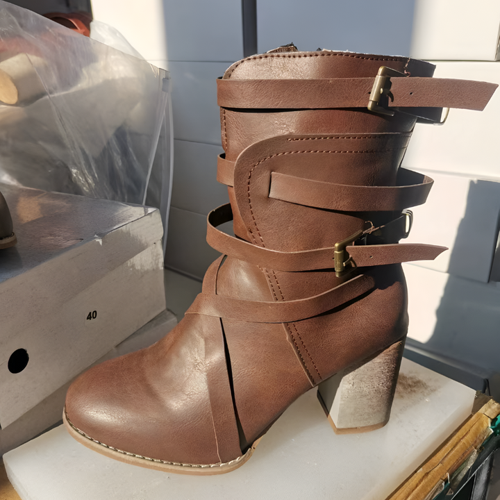 Women's ankle boots with buckle straps and tall block heels