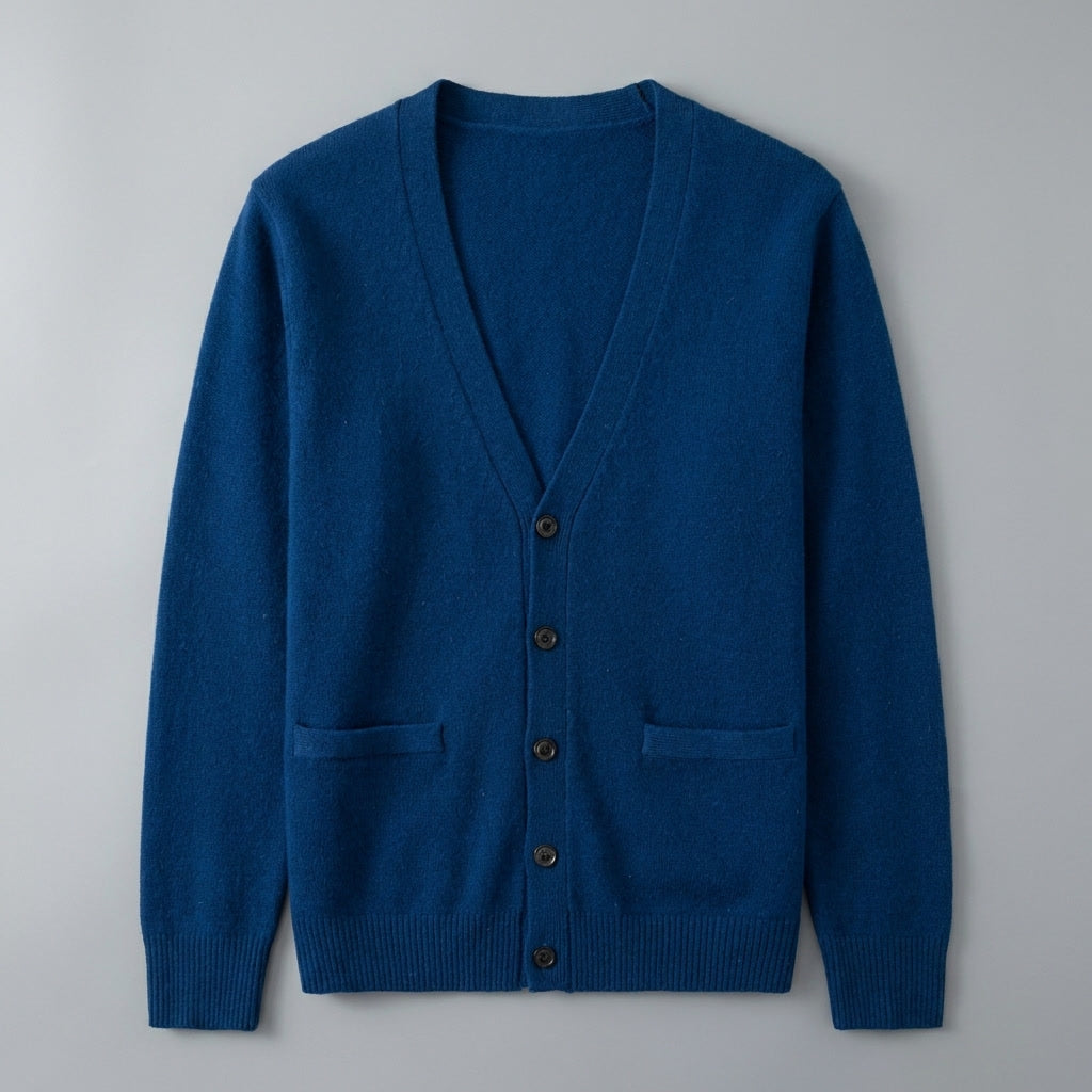 Unisex V-neck cardigan with long sleeves, button front and two patch pockets