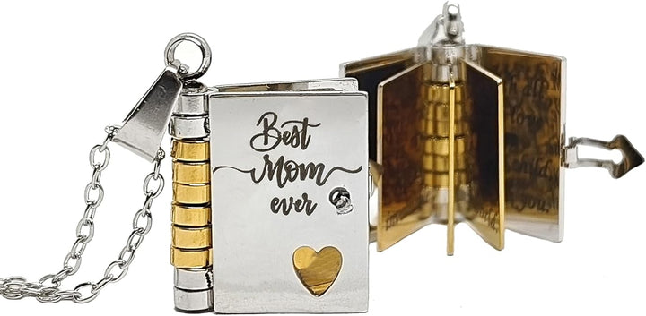 Miniature book charm pendant in gold and silver with chain and matching tortoiseshell case