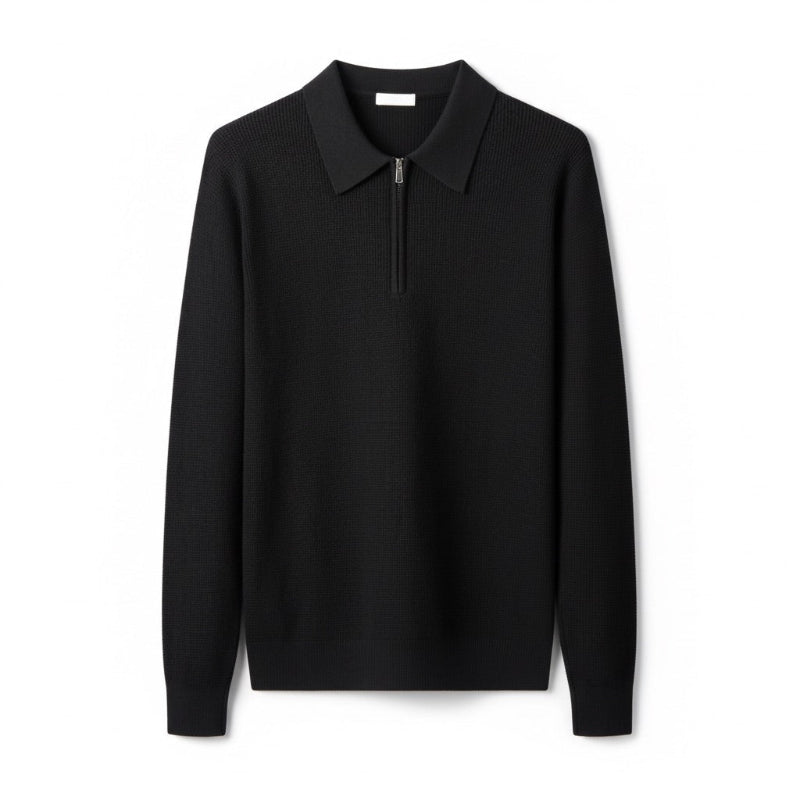 Long-sleeved knitted polo sweater with collared half-zip neckline