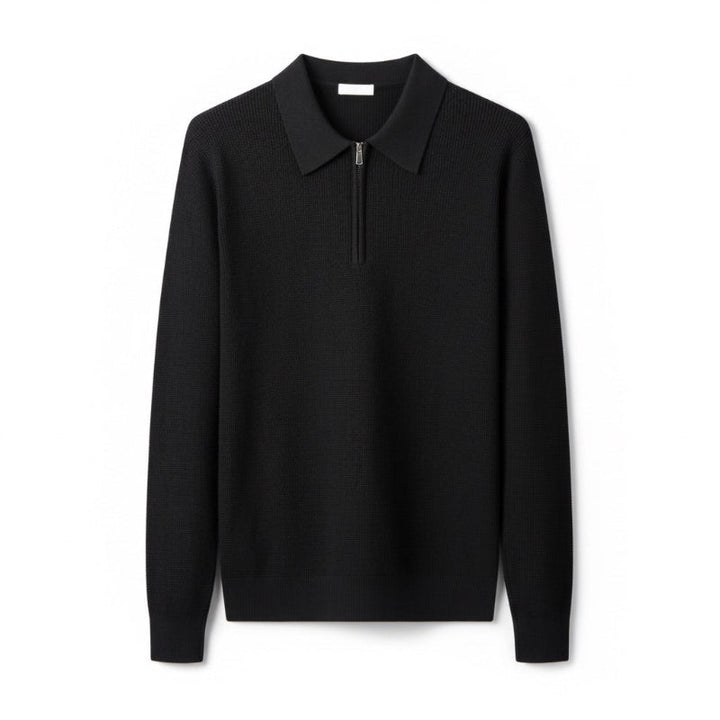 Long-sleeved knitted polo sweater with collared half-zip neckline