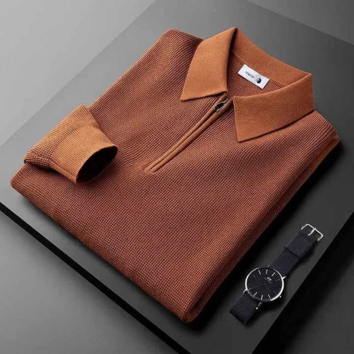 Long-sleeved knitted polo sweater with collared half-zip neckline