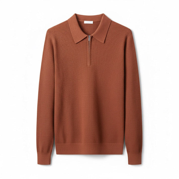 Long-sleeved knitted polo sweater with collared half-zip neckline