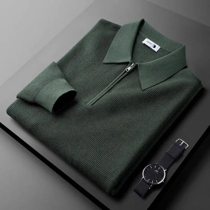 Long-sleeved knitted polo sweater with collared half-zip neckline
