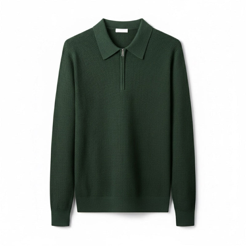 Long-sleeved knitted polo sweater with collared half-zip neckline