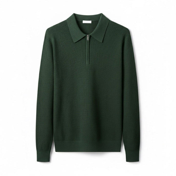 Long-sleeved knitted polo sweater with collared half-zip neckline