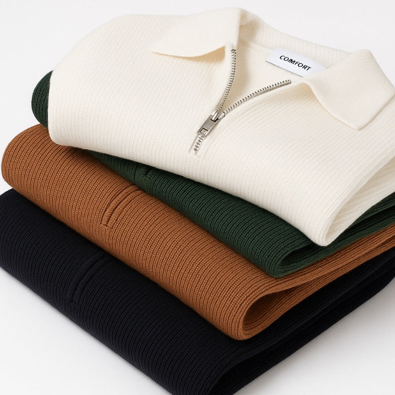 Long-sleeved knitted polo sweater with collared half-zip neckline