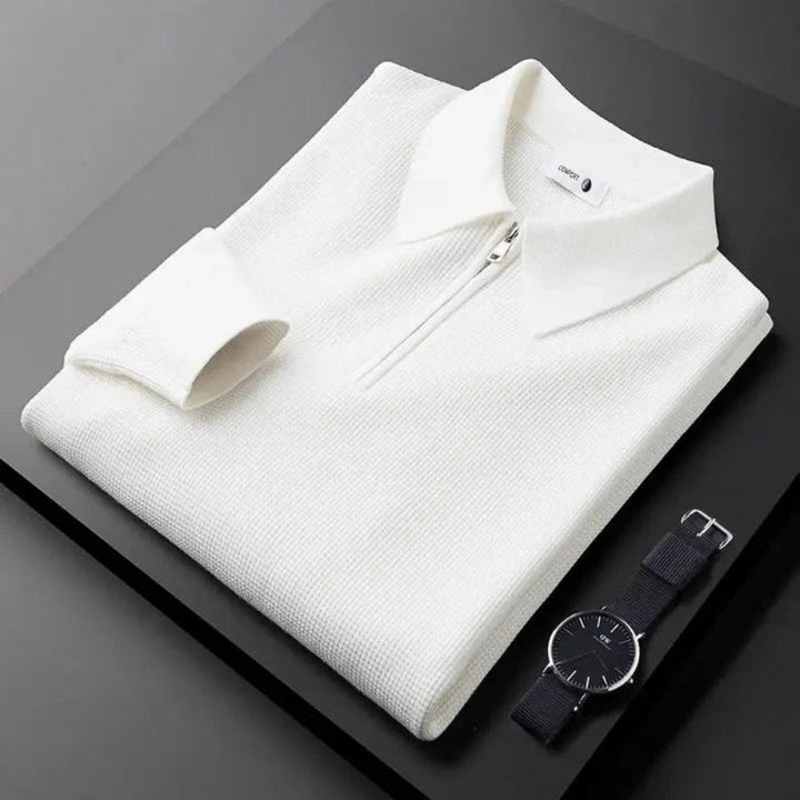 Long-sleeved knitted polo sweater with collared half-zip neckline
