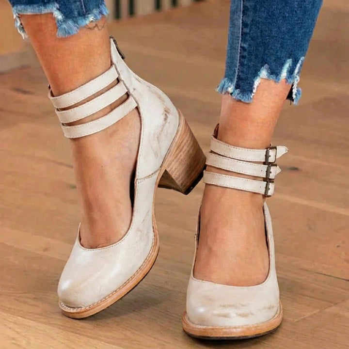 Women's ankle boots with double buckle straps and block heels