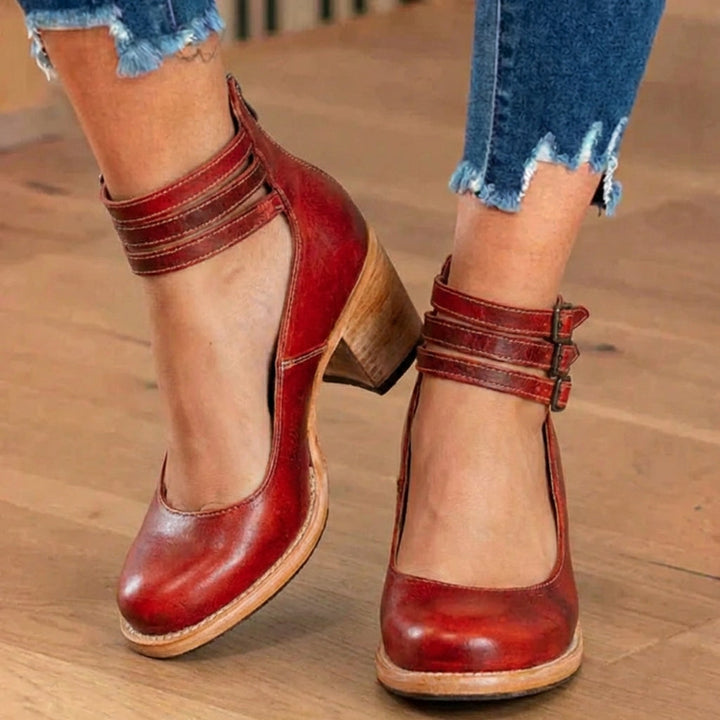 Women's ankle boots with double buckle straps and block heels