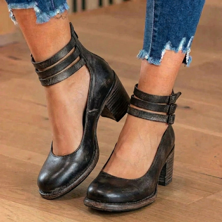 Women's ankle boots with double buckle straps and block heels