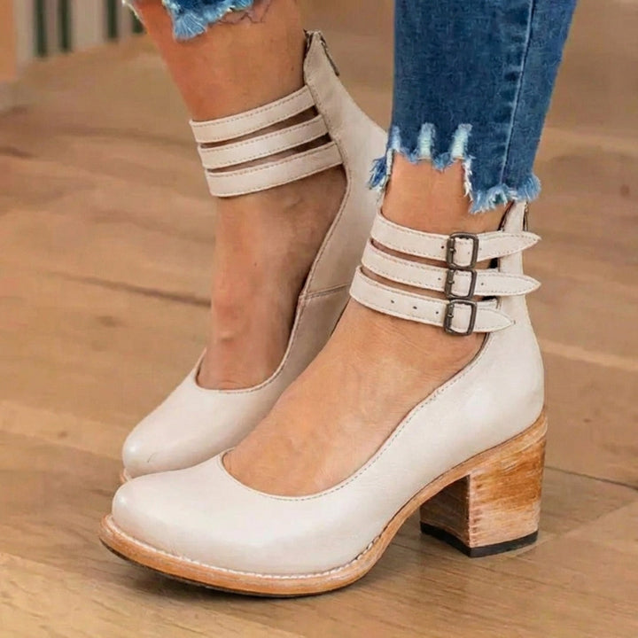 Women's ankle boots with double buckle straps and block heels