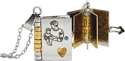 Miniature book charm pendant in gold and silver with chain and matching tortoiseshell case