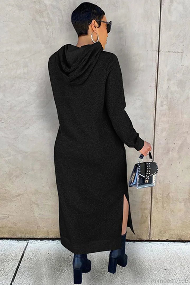 Women's long-sleeved hooded midi dress with side slits
