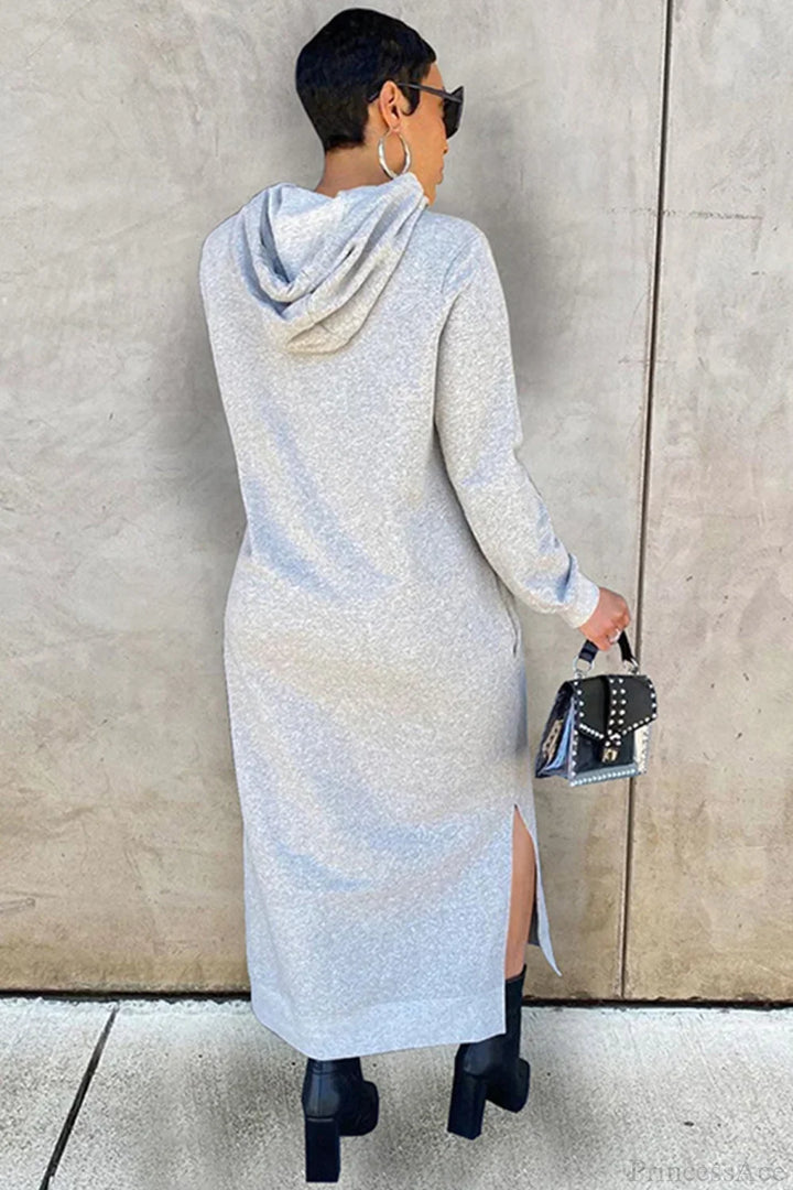 Women's long-sleeved hooded midi dress with side slits