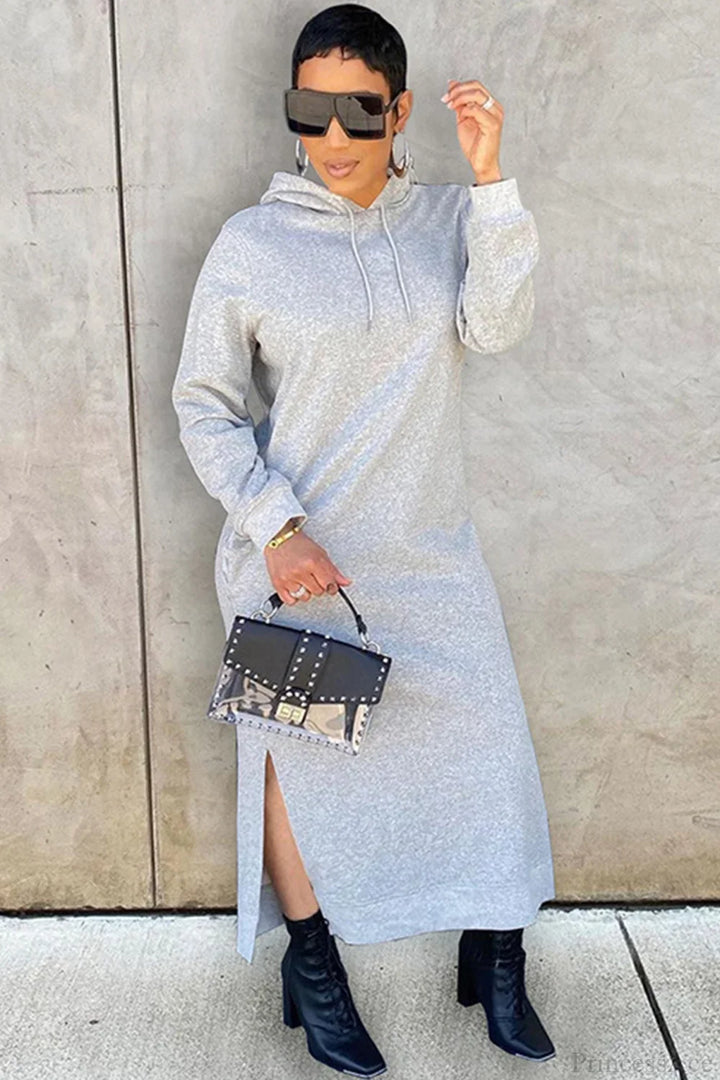 Women's long-sleeved hooded midi dress with side slits