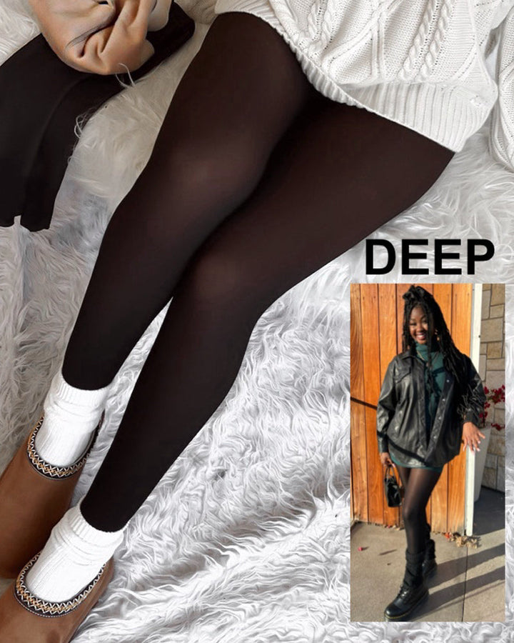 Women's translucent full-length tights styled with a white jumper