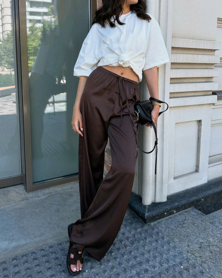 Women's high waist wide leg trousers with drawstring waist and full-length legs