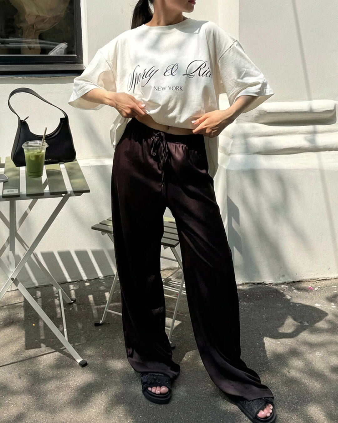 Women's high waist wide leg trousers with drawstring waist and full-length legs