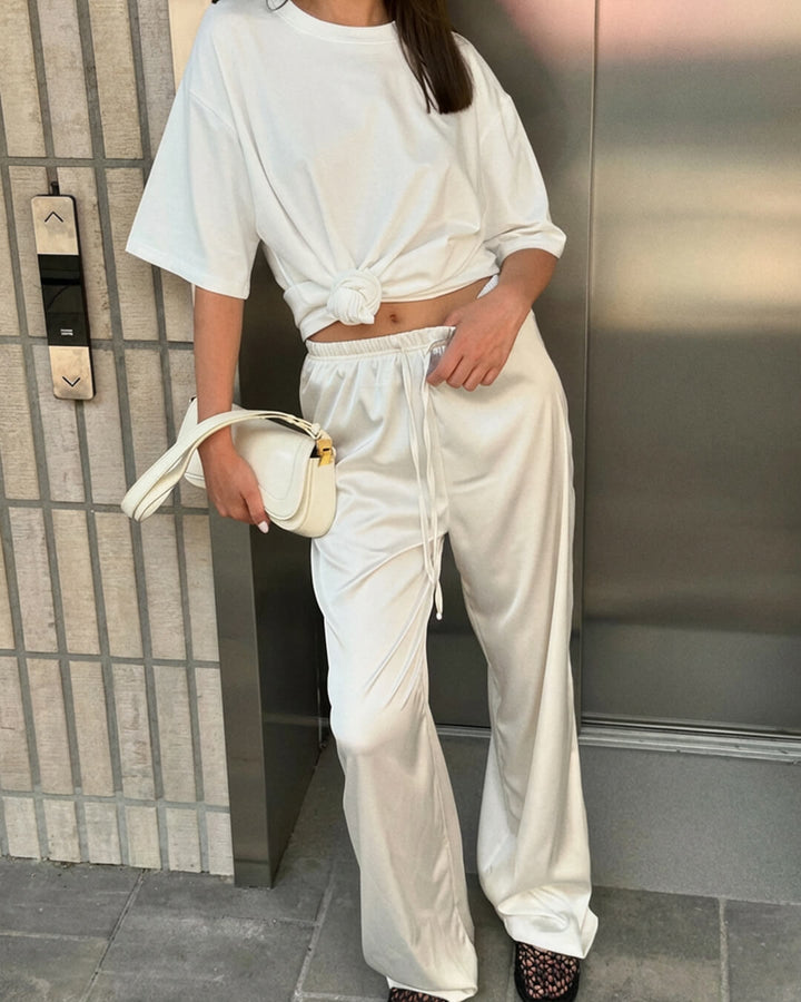 Women's high waist wide leg trousers with drawstring waist and full-length legs
