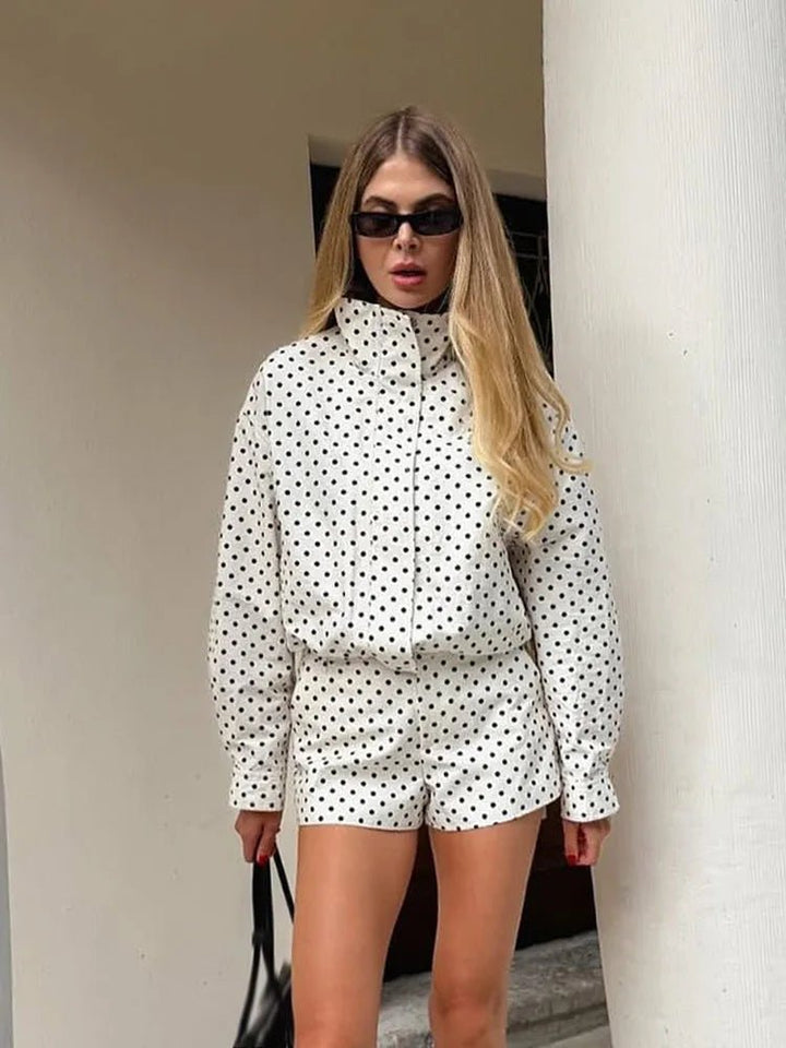 Women's polka dot jacket with high collar, long sleeves and cropped elasticated hem