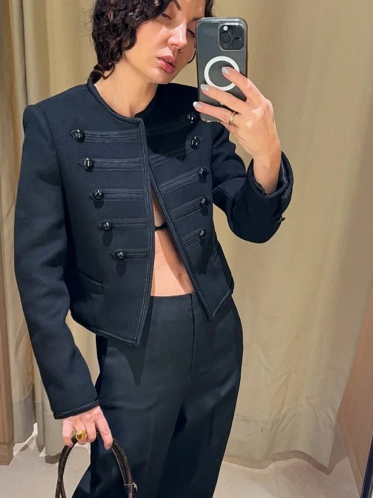 Women's black cropped Napoleon jacket with button front