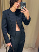 Women's black cropped Napoleon jacket with button front