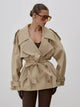 Women's belted trench coat with stand collar and long sleeves