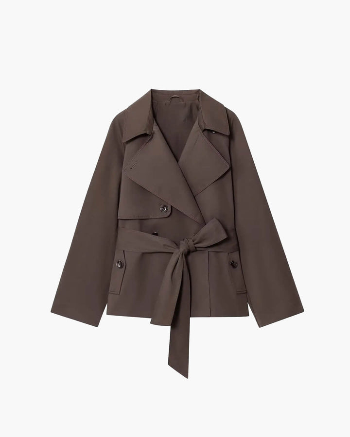 Women's short belted trench coat with notched lapels and long sleeves
